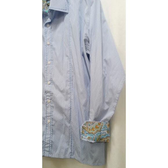 INSERCH ICON Men's Blue Striped L/S Button Up Jacquard Cotton Shirt XL Flip Cuff - Picture 4 of 7